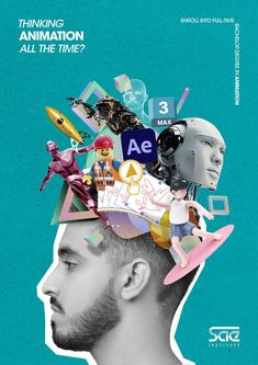 a man's head with many different things on it and the words thinking animation all the time