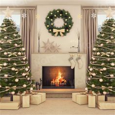 two christmas trees in front of a fireplace