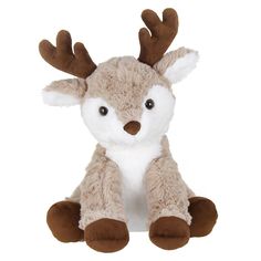 a small stuffed deer with big antlers on it's head and eyes, sitting up against a white background