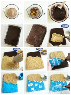 the steps to making brownies with peanut butter and chocolate frosting are shown here