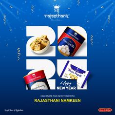 an advertisement for new year's eve with various foods and confection items