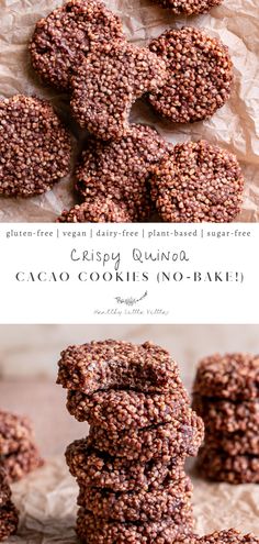 chocolate cookies stacked on top of each other with the words crispy quinoa written below