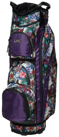 a purple and black floral print rolling bag