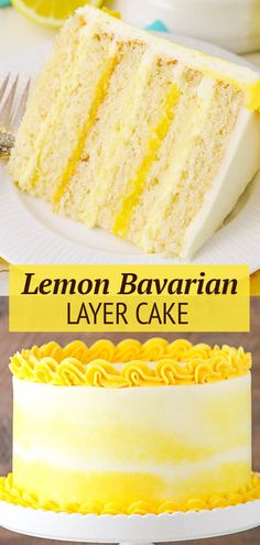 lemon cake with lemon bavaran cream on the top and bottom, in three different pictures