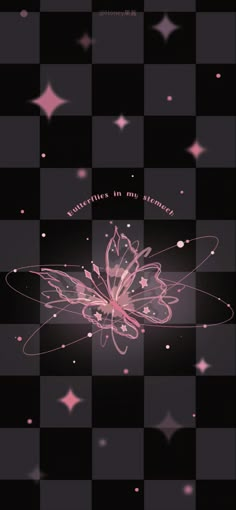 a pink flower on a black and white checkerboard background with stars in the sky