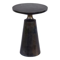 a small black table with a metal base on it's side, against a white background