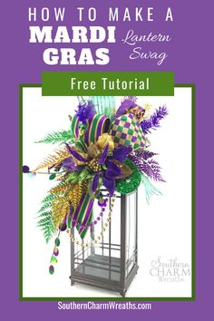 a birdcage with purple flowers and green leaves on it that says how to make a mardi gras