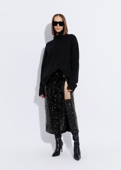 Cashmere Silk Turtleneck - LAPOINTE Sequin Midi Skirt Outfit, Black Sequin Skirt Outfit, Sequin Skirt Outfit, Sequin Skirt Long, Silk Turtleneck, High Waisted Midi Skirt, Black Sequin Skirt, Sequin Midi Skirt, Midi Skirt Outfit