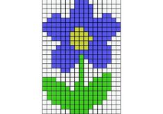 a cross stitch pattern with a blue flower in the center and green leaves on each side