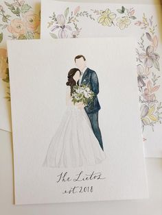 two wedding cards with the bride and groom holding bouquets in their hands on top of each other