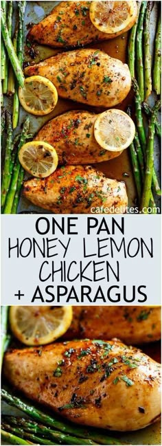 one pan honey lemon chicken and asparagus is an easy dinner that's ready in under 30 minutes