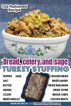 an advertisement for bread, celery and sage turkey stuffing in a white bowl