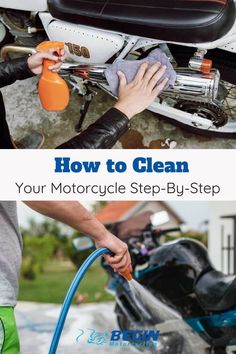 a man is cleaning his motorcycle with a sprayer and cloth on the handlebars