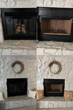 four different views of a fireplace with wreaths on it