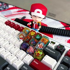 an action figure sitting on top of a computer keyboard next to a mouse and keyboard pad