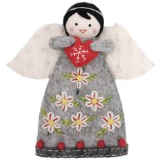 an angel doll with white wings and red heart on it's chest, standing in front of a white background