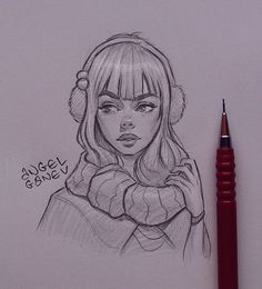 a pencil drawing of a girl with headphones on and her arm wrapped around her neck