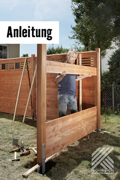 an older man standing on top of a wooden bunk bed in the yard with text overlay that reads, anleiting