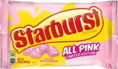 starburst fruit chews are pink and yellow with the word all pink written on it