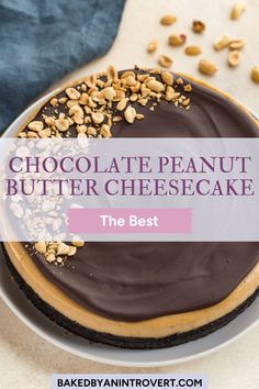 chocolate peanut butter cheesecake on a plate with the title overlay reads, chocolate peanut butter cheesecake