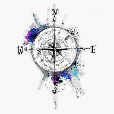 a compass with watercolor splatters on it and the word w is written in black