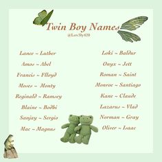 two teddy bears sitting next to each other in front of a green background with the words twin boy names