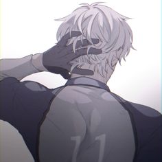 an anime character with his back to the camera, holding his hand on his face