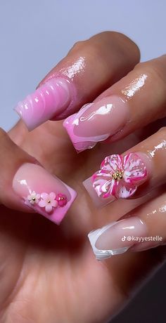 Pink Nails No Charms, Nails No Charms, Pink Flowers Nails, Flower Nails Acrylic, French Tip Acrylic Nails, Simple Acrylic Nails