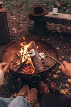 two people roasting marshmallows over an open fire