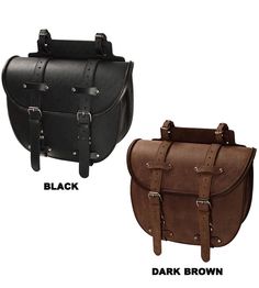 two different types of leather bags with the words dark brown and black on each side