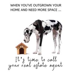 a black and white dog standing in front of a house with the words, when you've outgrown your home and need more space it's time to call your real estate agent