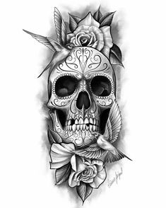 a skull with roses on it's head and a rose in the middle is shown