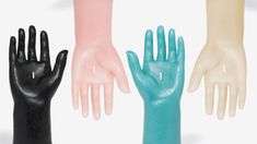 four different colored hands are shown in the same color as each hand is black, pink, blue, and white