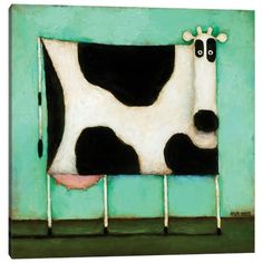 a painting of a black and white cow in a green room with two eyes on it's face