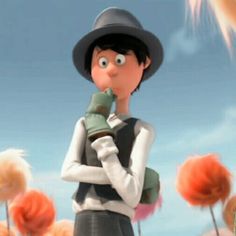 the animated character is wearing a black hat and holding a green object in his hand