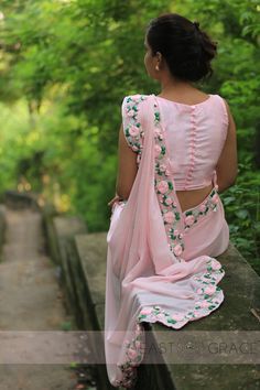 Baby Pink Rose Pure Chiffon Ribbon-Work Saree by EASTANDGRACE Pure Chiffon Sarees, Blouse Back Neck Designs, Sari Blouse Designs, Choli Designs, Unique Blouse Designs, Pure Chiffon, Designer Saree Blouse Patterns