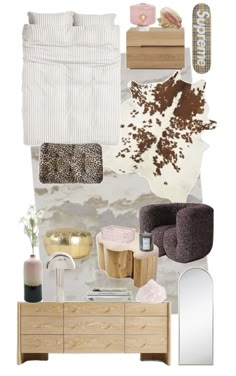 a collage of furniture and decor items in shades of brown, white, and pink