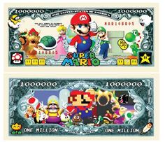 two nintendo money bills with mario and luigi on each one million bill, both featuring characters from the video game super mario