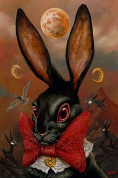 a painting of a black rabbit wearing a red bow tie and moon in the background