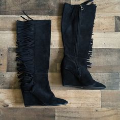 Denim And Supply Darcie Fringe Suede Leather Black Wedge Knee High Boots Sz 7.5 Pre Owned Pls See Pics For Condition And Wear Scuffs And Discoloration On Leather Suede Leather Fringe And Upper And Wrapped Heels Zipper Side, Elastic On Calf 3" Wedge Heel 18" Length 15.5" Calf Circumference Bin#5 Bin#5 Suede Fringe Boots, Winter Arc, Fringe Heels, Fall Boots, Fringe Boots, Ralph Lauren Shoes, Black Wedge, Denim And Supply, Suede Fringe