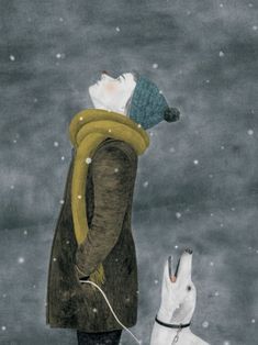 a drawing of a woman and her dog walking in the snow, one is wearing a yellow scarf