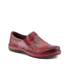 L'Artiste-Annawan Slip-On Add a graceful flair to your look with the L'Artiste Annawan slip-on. Softly embossed hand-painted floral details look lovely on this slip-on shaped with leather upper for a premium look. Padded collar protects your feet from rubbing and blisters while tread patterned rubber sole offers enhanced stability. Floral Painting, Rubber Sole, Leather Upper, Slip On, Hand Painted, Collar, Floral, Red, Leather