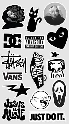 various stickers are shown in black and white