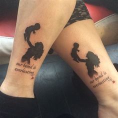 two people with tattoos on their legs that say, our bond is everlasting