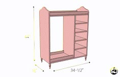 the measurements for an armoire with shelves and drawers in pink, including one door open