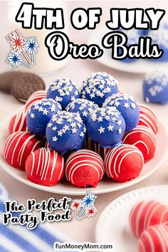 red, white and blue desserts on a plate with the words 4th of july oreo balls