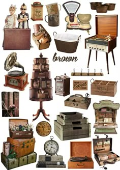 there are many old fashioned items in this collage, including suitcases and clocks