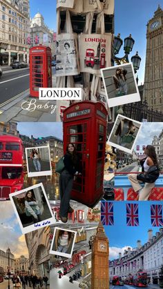 a collage of photos with the london skyline and red telephone booth in the foreground