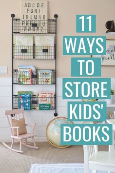 a child's room with toys and books on the wall