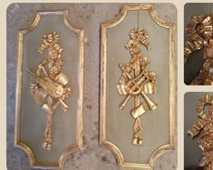 three pictures of gold decorations on the wall